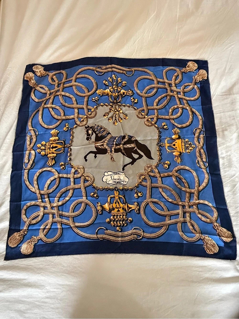Vintage Glentex 100% Silk Equestrian Scarf - "Palefroi" Horse Print
